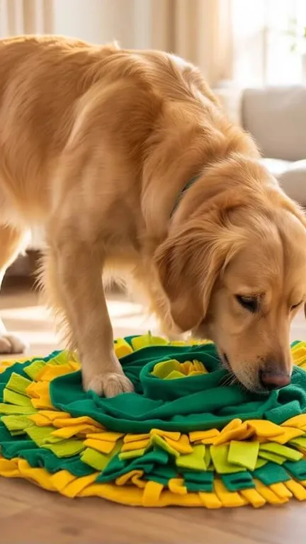 Golden retriever koklama matının katları arasında ödül arıyor