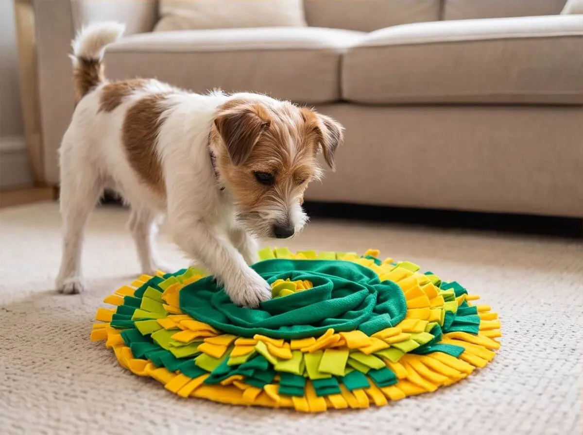 Terrier köpek koklama matını patisiyle araştırıyor