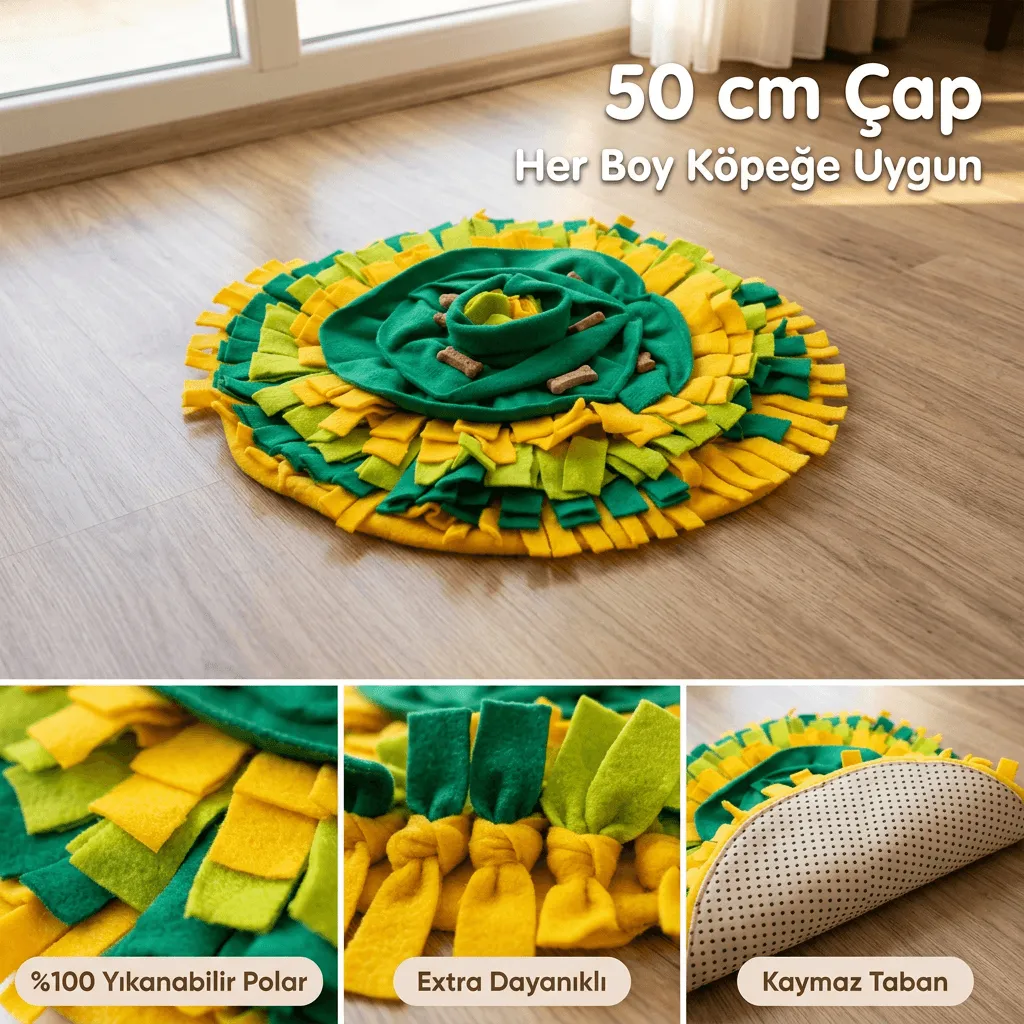 50 cm çapında el yapımı Snuffun koklama matı — %100 yıkanabilir polar, kaymaz taban